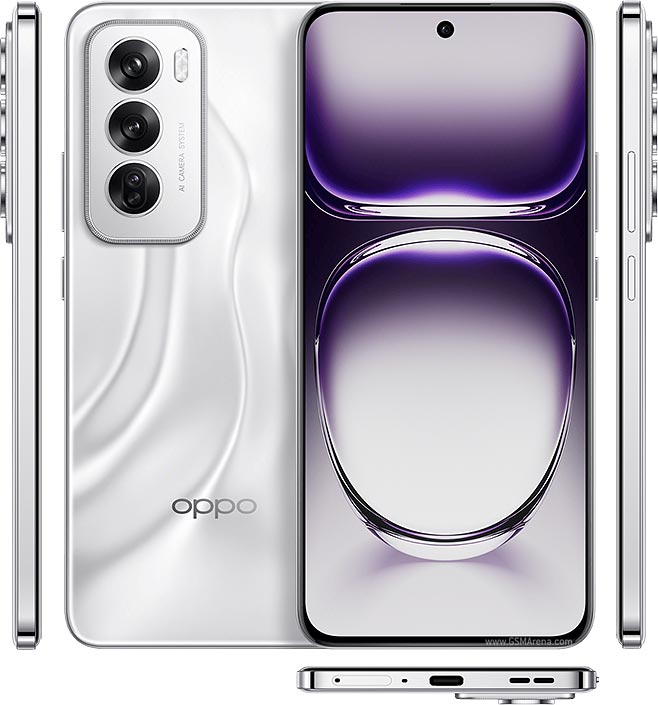 Oppo smartphone showing front, back, and side views with a gradient purple and white design.